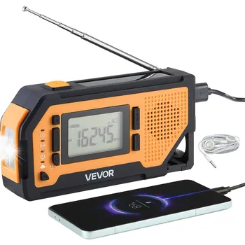 Radiopřijímač Vevor Nouzové rádio 2000mAh FM/AM/WB/NOAA solární a klikové USB SOS