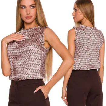 Dámská halenka DÁMSKÁ HALENKA TRIČKO STYLOVÁ SATÉNOVÁ BEZ RUKÁVŮ VZOR BÉŽOVÁ 42 XL