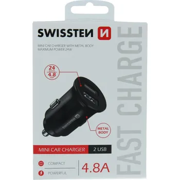 Zástrčka SWISSTEN s 2x USB výstupem 4,8 A (2,4A, 2,4A), 12/24V, 47413