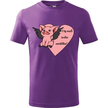 Chlapecké oblečení Dětské tričko s potiskem Prasátko andílek Velikost: 134/8 let, Barva trička: Fialová
