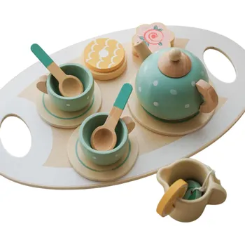 Dřevěná hračka Dřevěná čajová souprava pro děti Modrá sada s konvičkou šálky a doplňky Hračka pro batolata Rozvojová kuchyňská hra na čajový dýchánek