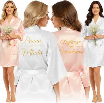 Dámské oblečení Sada saténových županů pro nevěstu a družičku, svatební, bílá a růžová, velikost L