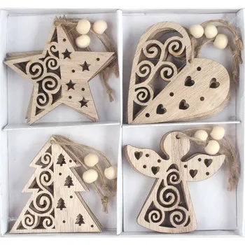 Vánoce Anděl Přerov s.r.o. Dekorace vyřezávané mix motivů na zavěšení 7 cm v krabičce, 12 ks