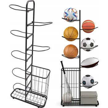 Úložný box SKLADOVACÍ REGÁL S KOŠÍKEM NA 7 MÍČŮ A HRAČEK ČERNÝ KOVOVÝ 146 CM