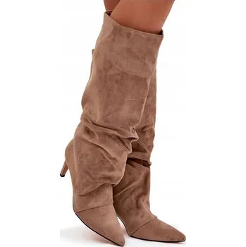 Dámské kozačky DÁMSKÉ KOZAČKY Z EKO SEMIŠE NA JEHLOVÉM PODPATKU, ŘASENÉ, ZATEPLENÉ BÉŽOVÉ 38