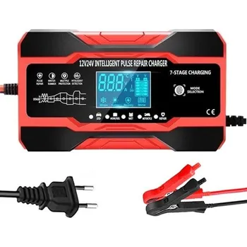 Nabíječka autobaterie Nabíječka autobaterií 12–24 V 10 A Inteligentní pulzní opravná nabíječka s LCD displejem pro olověné, AGM a GEL akumulátory EU zásuvka