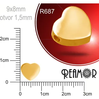 Materiál na výrobu šperku Korálek tvarovaný Srdce ploché Reamor CHIRURGICKÁ OCEL ozn.-R687. Velikost 9x8mm otvor 1,5mm. Barva GOLD.