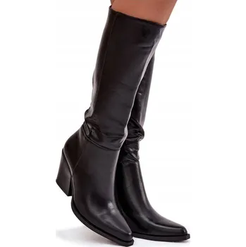 Dámské kozačky KOZAČKY Z EKOKŮŽE NA ZIP ZATEPLENÉ ŠIKMÝ PODPATEK ČERNÉ 39