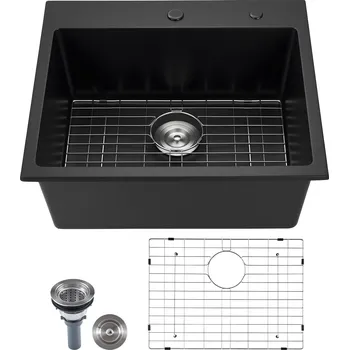 Granitový dřez Vevor Kuchyňský granitový dřez 63 cm, vrchní montáž, jednokomorový, černý