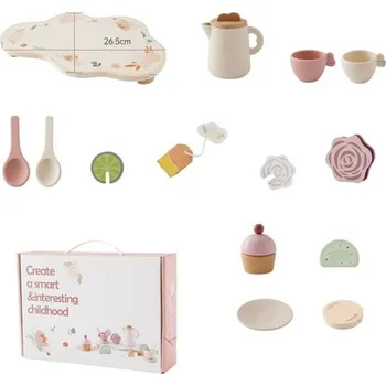 Dřevěná hračka Dřevěná Montessori čajová sada pro děti Konvice s 2 hrníčky podnosem cukřenkou podtácky a lžičkami BPA Free vzdělávací hračka pro batolata