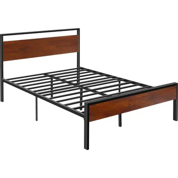 Postel Vevor Rám postele 35 cm černý kovový s retro hnědým čelem, velké úložiště