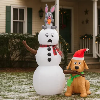 Vánoční dekorace Nafukovací sněhulák se psem a králíčkem LED - 180 cm