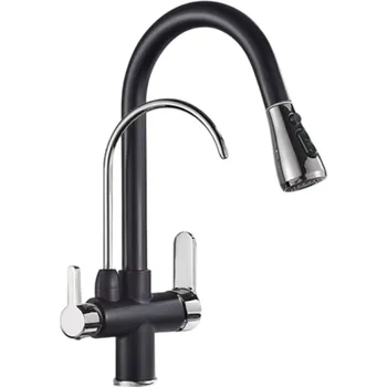 Kuchyňská baterie 360° otočná filtrační baterie dvojbarevná s vytahovacím ramínkem 3 způsoby směšování teplé a studené vody 34x11,5 cm černá