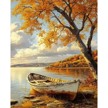 Obraz Diamantová Mozaika Loďka Na Břehu na Podzim 30x40 Cm Kreativní Diamanty