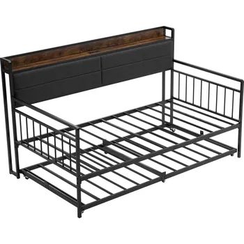 Zahrada Vevor Jednolůžkový rám daybedu twin s přistýlkou, kovový, nabíjecí stanice