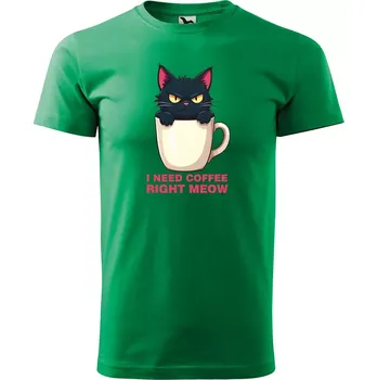 Pánské tričko Sablio Tričko s potiskem I need coffee right meow - zelené L