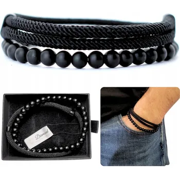 Náramek SADA PÁNSKÝCH NÁRAMKŮ KORÁLKY + ŠŇŮRKA + POUZDRO DÁREK černá sada