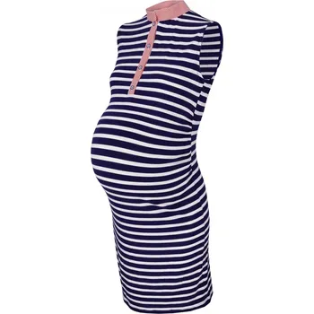 Těhotenské šaty Be MaaMaa Těhotenské,kojící proužkované šaty se stojáčkem - ecru/granát Velikost oblečení: XXL (44)