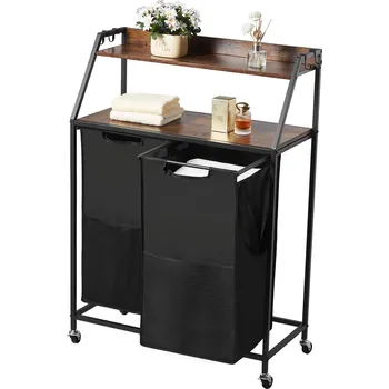 Koš na prádlo Vevor Dvoukomorový koš na prádlo, kovový rám, dřevěná deska, 600D kapsy