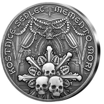 Exkluzivní stříbrná ražba s vysokým reliéfem - Kostnice Sedlec – memento mori, 1 oz