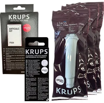 Příprava kávy Krups F08801 Aqua Filter Claris 3 ks + F0540010 odvápňovač + XS300010 čisticí tablety