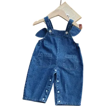 Dětský overall Džínový overal pro miminka a dívky bez rukávů s králičími oušky a ocáskem Bavlněný letní overal s kapsami a knoflíky na ramenou 9-12 měsíců