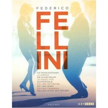 Blu-ray film Federico Fellini Edition, 9 Blu-ray, 9 Blu Ray Disc: Die Müßiggänger (1953); La Strada (1954); Die Schwindler (1955); La Dolce Vita (1960); Achteinhalb (1963); Fellinis Satyricon (1969); Fellinis Roma (1972); Fellinis Casanova (1976); Fellinis Stadt der F