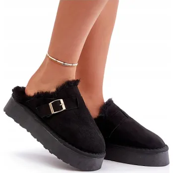 Dámské pantofle Dámské PANTOFLE s hrubou podrážkou, KOŽÍŠEK, zlatá spona, černé, velikost 38