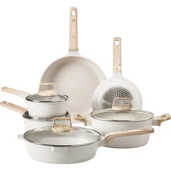 Sada nádobí Sada hrnců a pánví VEVOR 17dílná, sada nádobí s nepřilnavým povrchem z žuly, indukční nádobí, kuchyňské sady pro karavany s pokličkou na smažení, omáčku, restování, poklice z tvrzeného skla a chrániče pánví, bílá