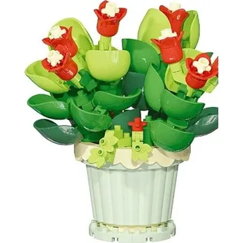 ostatní stavebnice Skládačka květina červené tulipány v zeleném květináči 9 × 8 cm dekorace z plastových stavebnicových kostek