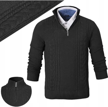 Pánský svetr Pako Jeans bavlněný svetr se strukturou, zapínání na zip, černý rolák na půl zipu, velikost L