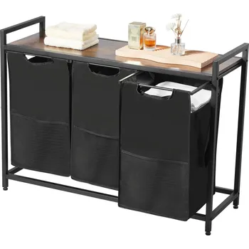 Koš na prádlo Vevor Třísekční třídič prádla, kovový rám, dřevěný vrch, 3 vaky 600D