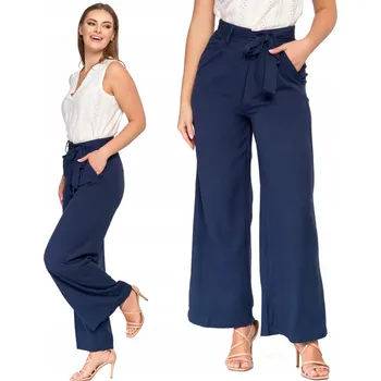 Dámské kalhoty ŠIROKÉ DÁMSKÉ KALHOTY S VYSOKÝM PASEM NA ZAVAZOVÁNÍ VISKÓZA MORAJ TMAVĚ MODRÉ XL