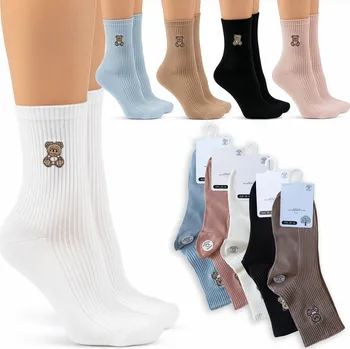 Dámské ponožky 5x Dámské Ponožky BAVLNĚNÉ dlouhé PONOŽKY s MEDVÍDKEM, VESELÉ, POHODLNÉ