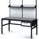 Alfa 3 Antistatický dílenský ESD stůl s perfopanelem a policemi, 1 zásuvkový box na nářadí, 1600x800x745-985 mm 147843059