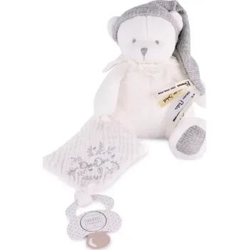 plyšák Doudou et Compagnie Paris Doudou dárková sada medvídek s úchytem na dudlík a dečkou šedý 20 cm