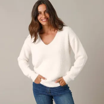 Dámský svetr Pulovr s výstřihem do V, z úpletu s vlasem režná 46/48