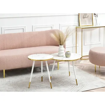 Konferenční stolek SADA OD KLADACÍCH STOLKŮ NA KÁVU DO OBÝVACÍHO POKOJE GLAMOUR KULATÉ ZOE BÍLÝ MARMOR ZLATÝ