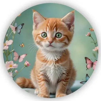 Dekorativní magnet Magnetka 65x65mm ve tvaru kruhu - koťátko v zahradě motýlů
