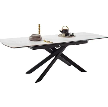 Jídelní stůl Rozkládací jídelní stůl VANINO keramika bílý mramor, podnož černá matná 180(230)x76x90