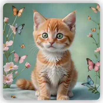 Dekorativní magnet Magnetka 65x65mm ve tvaru čtverce - koťátko v zahradě motýlů