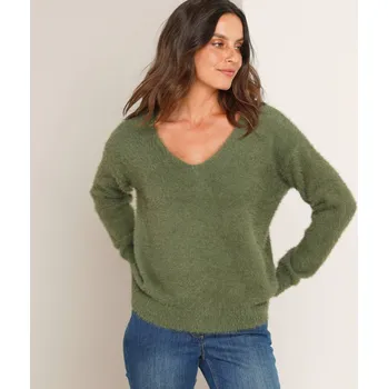 Dámský svetr Pulovr s výstřihem do V, z úpletu s vlasem zelená lipová 34/36
