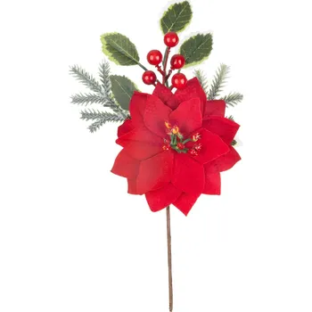Vánoční dekorace Větvička MagicHome Vánoce, s květem poinsettia, červená, 24 cm