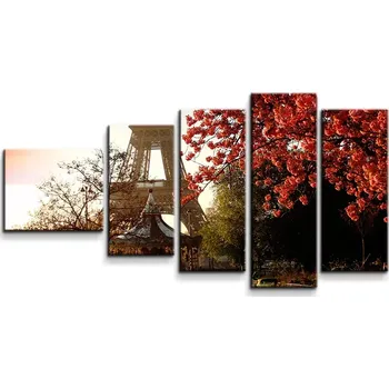 Obraz Sablio Obraz - 5-dílný Eiffelova věž a červený strom - 100x60 cm