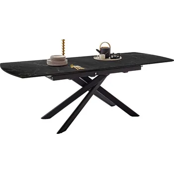 Jídelní stůl Rozkládací jídelní stůl VANINO keramika černý mramor, podnož černá matná 180(230)x76x90