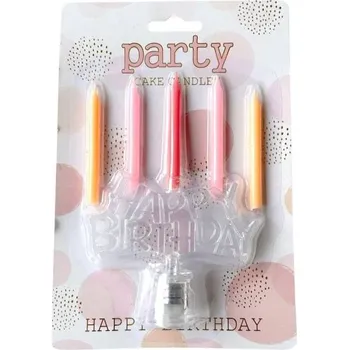 Dortová svíčka Dortisimo Svíčky oranžové, růžové a červená s LED nápisem Happy Birthday