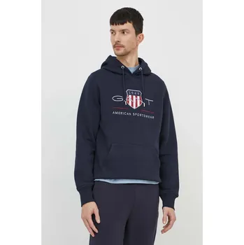 Pánská mikina Mikina Gant pánská, tmavomodrá barva, s kapucí, s aplikací 2047082 59A, vel. XXL