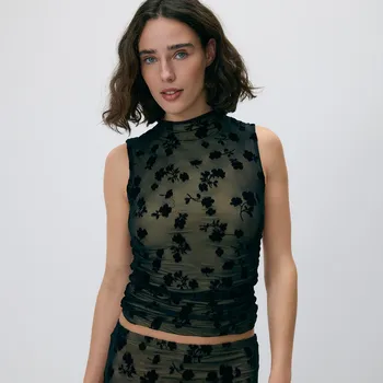 Reserved - Síťovaný top s výšivkou - černý - 663IU-99X - 663IU-99X-M