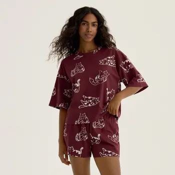 Dámské tričko Reserved - Dvoudílná pyžamová souprava s&nbsp;potiskem kočky - mahagonová - 993HD-93X - 993HD-93X-L