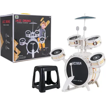 Hudební nástroj pro děti RKToys Dětská bílá bicí souprava s paličkami a stoličkou